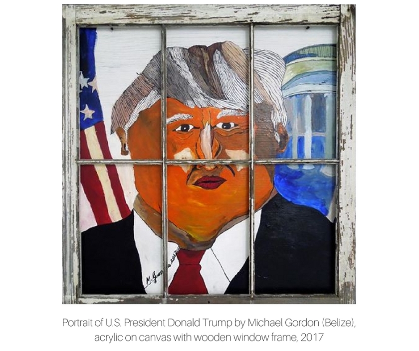 Portrait of US President Donald Trump, Michael Gordon (Belize), acrylic on canvas with wooden window frame, 2017